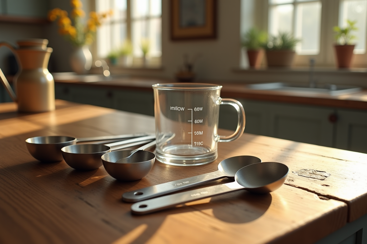 Couverts de mesure et tasse avec marquages sur table en bois