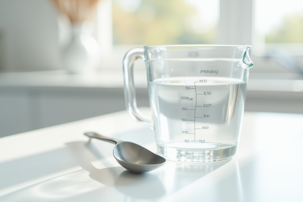 Cuillère en inox remplie d'eau avec un verre doseur moderne