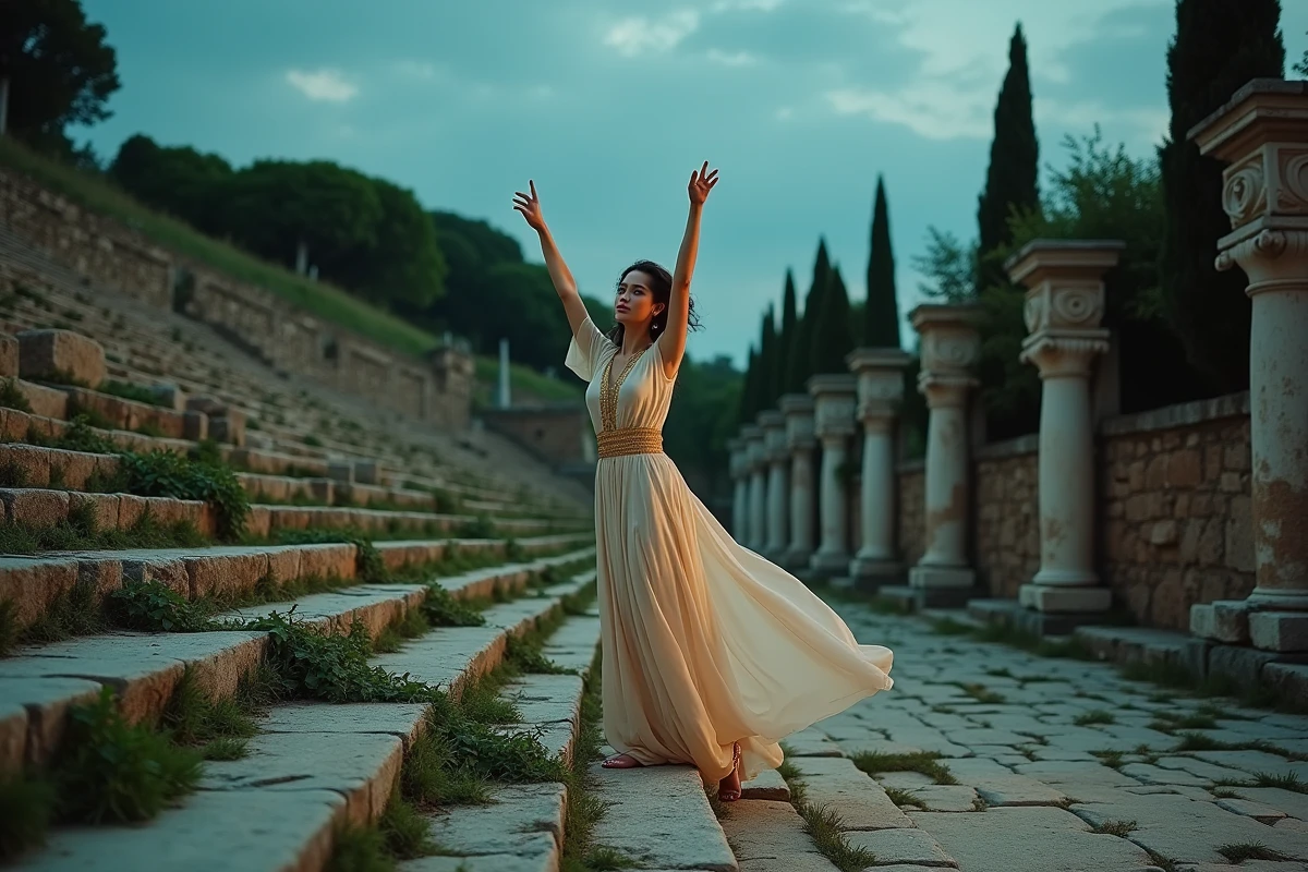 Danseuse classique en costume grec antique se produisant dans un amphithéâtre en ruine, évoquant les arts sacrés d'Apollon