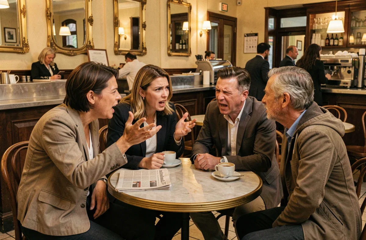 Un groupe de citoyens français débattant avec passion dans une brasserie parisienne traditionnelle, symbole des colères sociales contemporaines