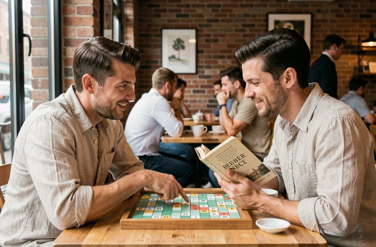 Deux hommes en train de débattre de la validité d'un mot au Scrabble dans un café avec un dictionnaire ouvert sur la table