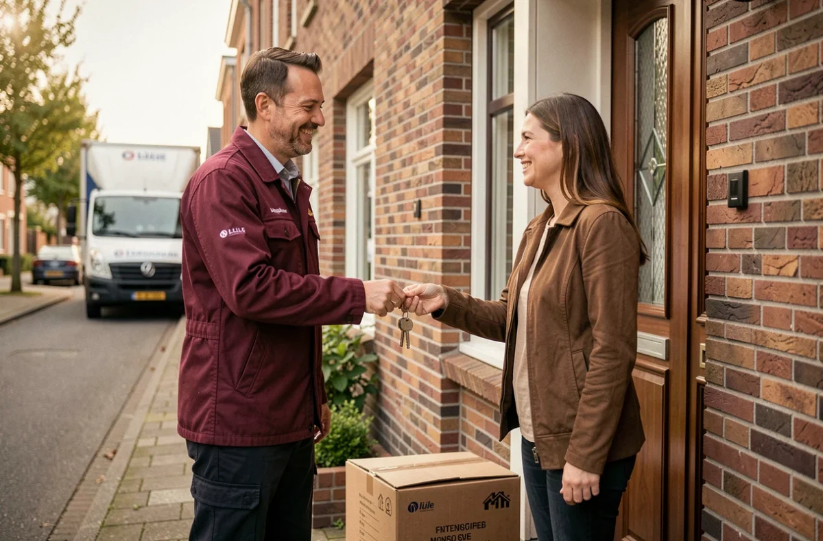 Déménageur Déménagements Defoort remettant les clés à une cliente satisfaite devant sa nouvelle maison lilloise