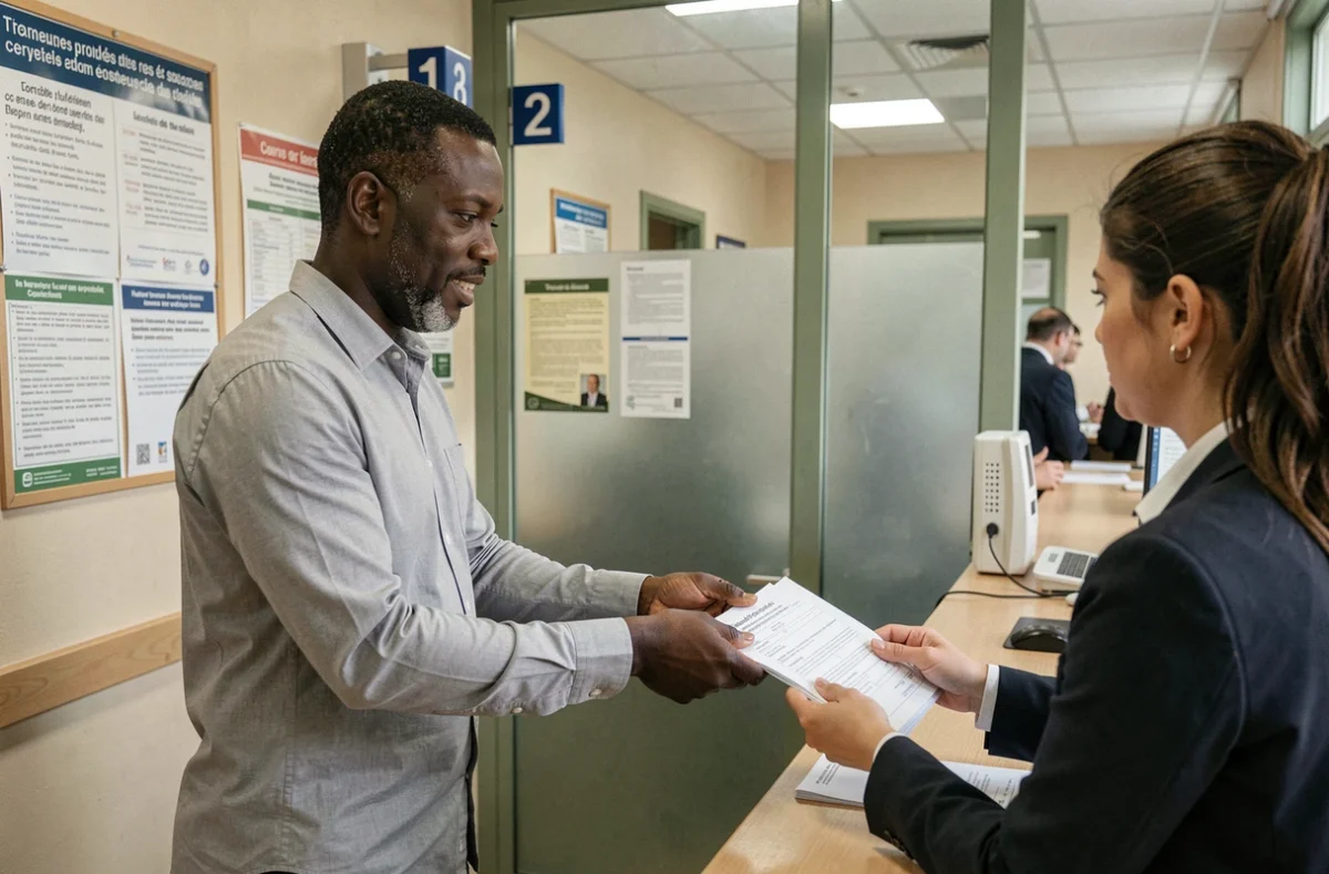 Homme déposant un dossier de naturalisation au guichet d'une préfecture française avec une agente administrative