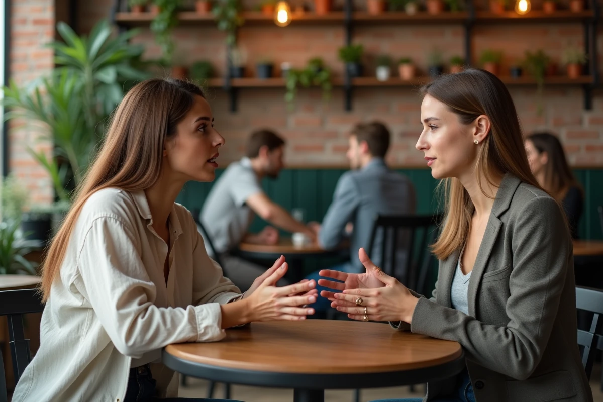 Deux femmes en conversation sincère dans un café urbain, illustrant le coaching et l'accompagnement personnel pour surmonter ses peurs et changer de cap professionnel