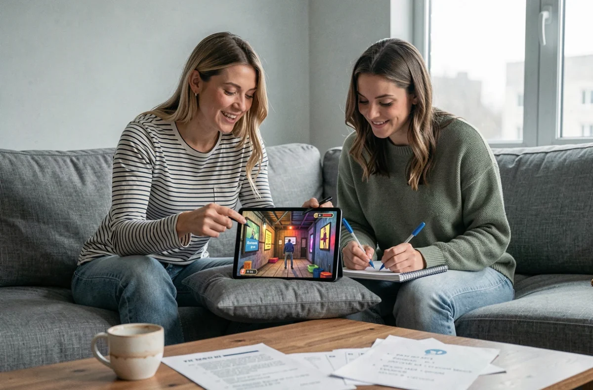 Deux femmes adultes collaborant pour résoudre les solutions d'un niveau du jeu Rooms and Exits sur tablette dans un salon moderne