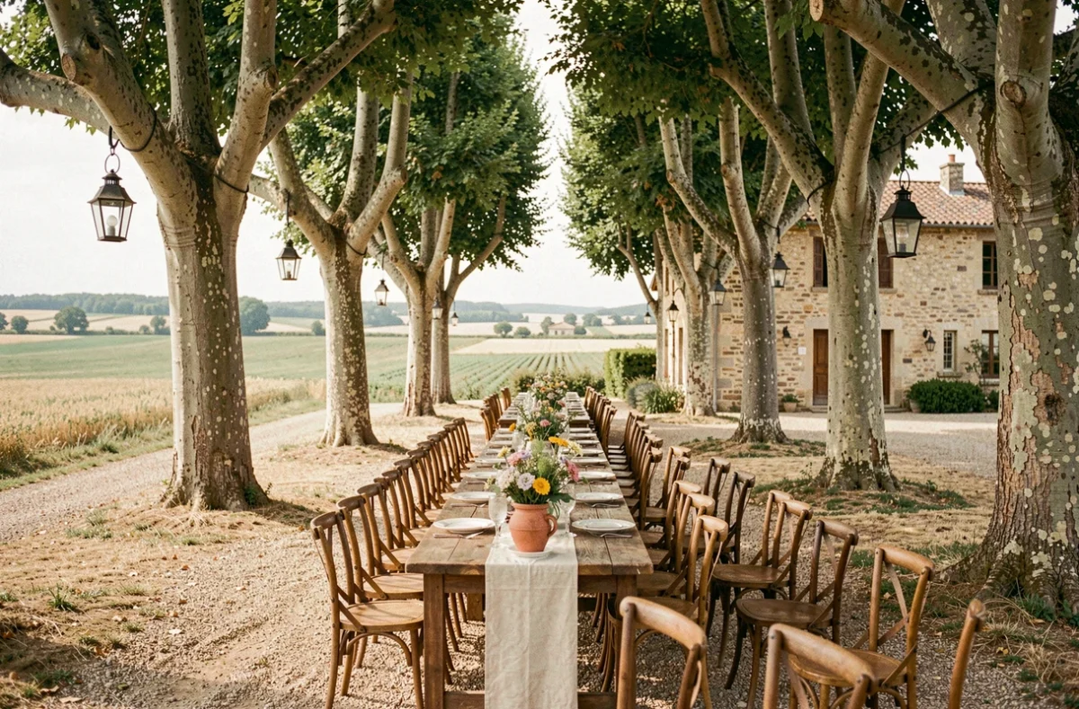 Domaine d'Amareins en Val de Saône avec tables dressées sous les arbres pour une réception