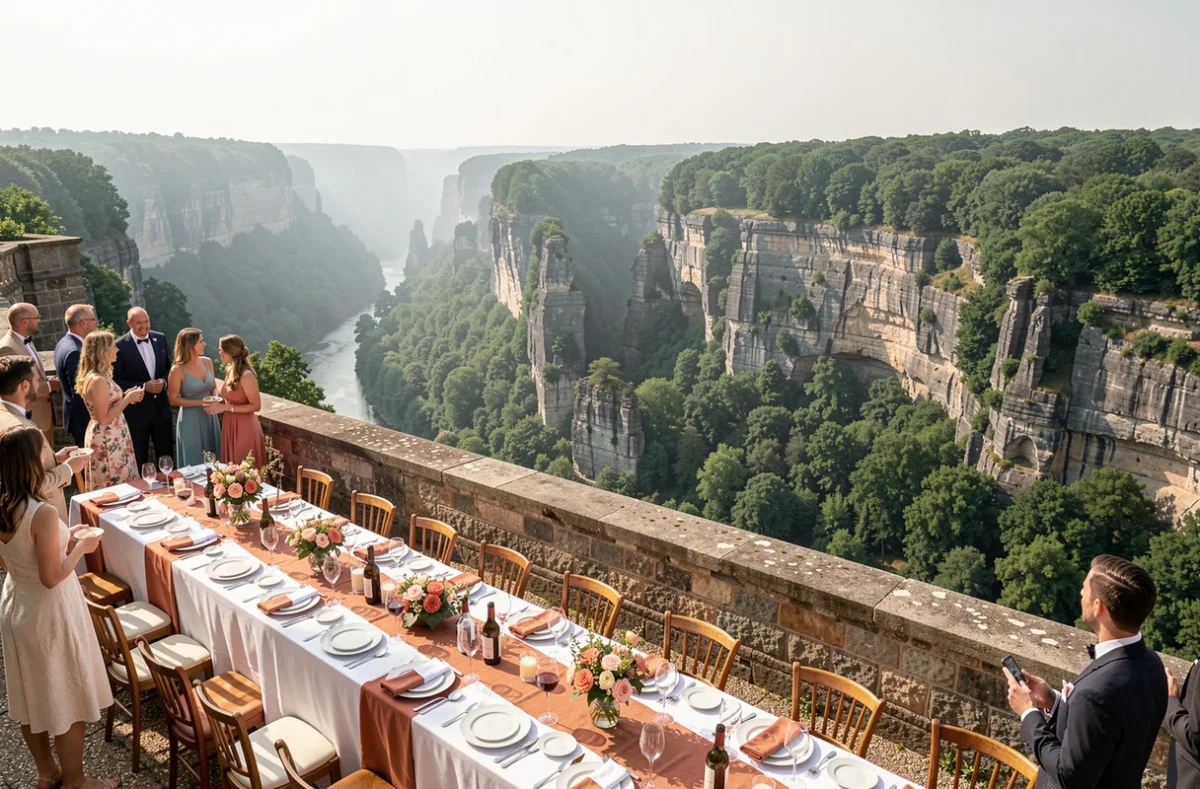 Terrasse de réception du Domaine d'Essalois avec vue panoramique sur les gorges de la Loire