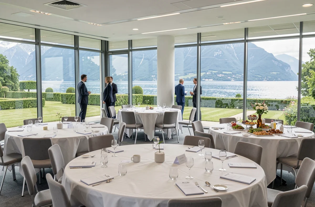 Espace événementiel professionnel du Domaine de Marlioz à Aix-les-Bains avec vue sur le lac