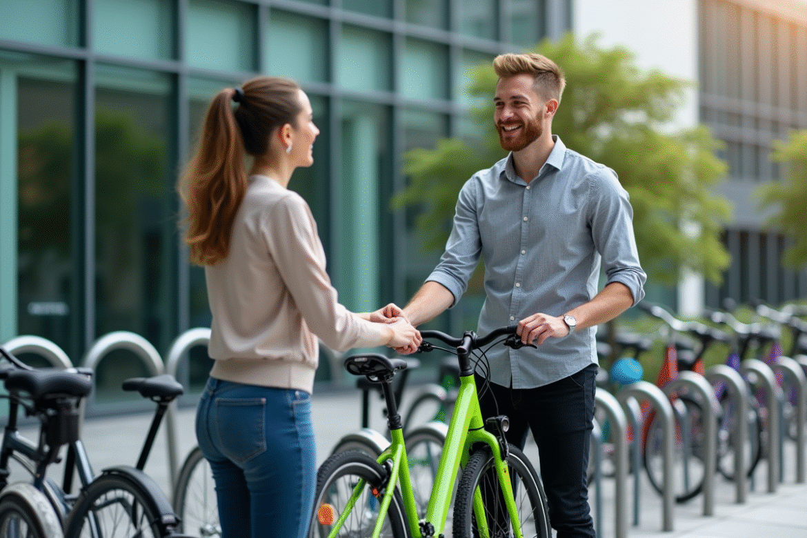 Jeune professionnel souriant échangeant un vélo vert avec un collègue devant un immeuble
