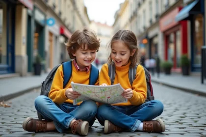 Garçon et fille regardant une carte dans une rue de faubourg