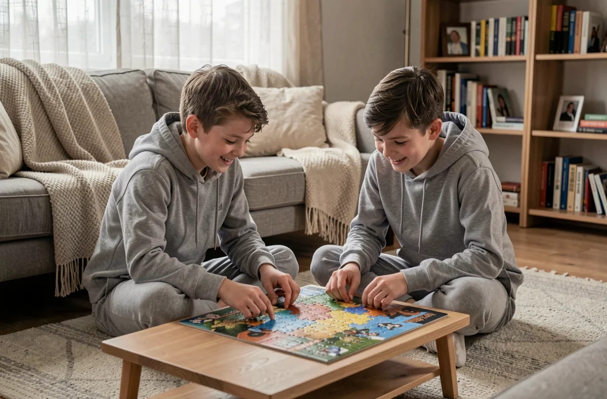 Deux enfants concentrés sur un puzzle posé sur un tapis de salon pendant le week-end