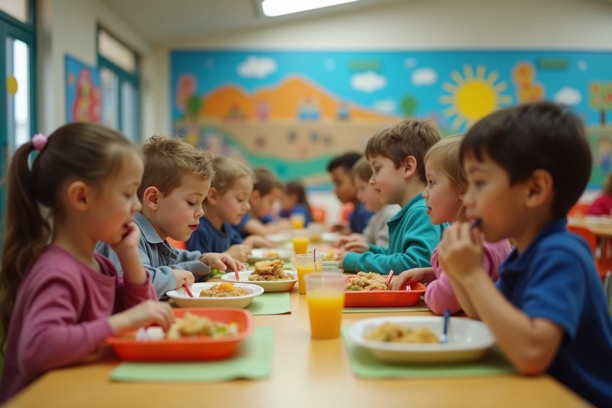 Enfants d école partageant un repas dans la cantine