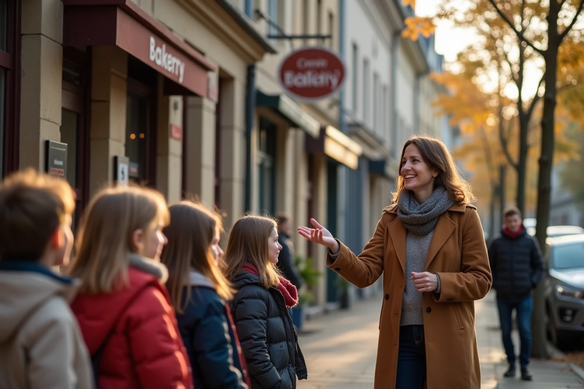 Enseignante souriante expliquant aux élèves dans un quartier ancien