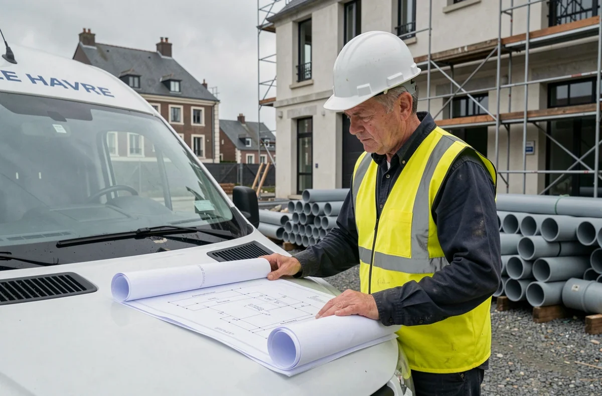Chef de chantier de l'Entreprise Lecomte consultant des plans techniques devant un chantier de construction au Havre