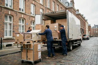 Équipe de déménageurs professionnels chargeant un camion devant une façade en briques flamandes à Lille