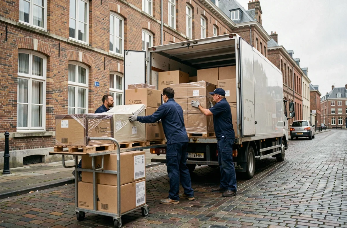 Équipe de déménageurs professionnels chargeant un camion devant une façade en briques flamandes à Lille