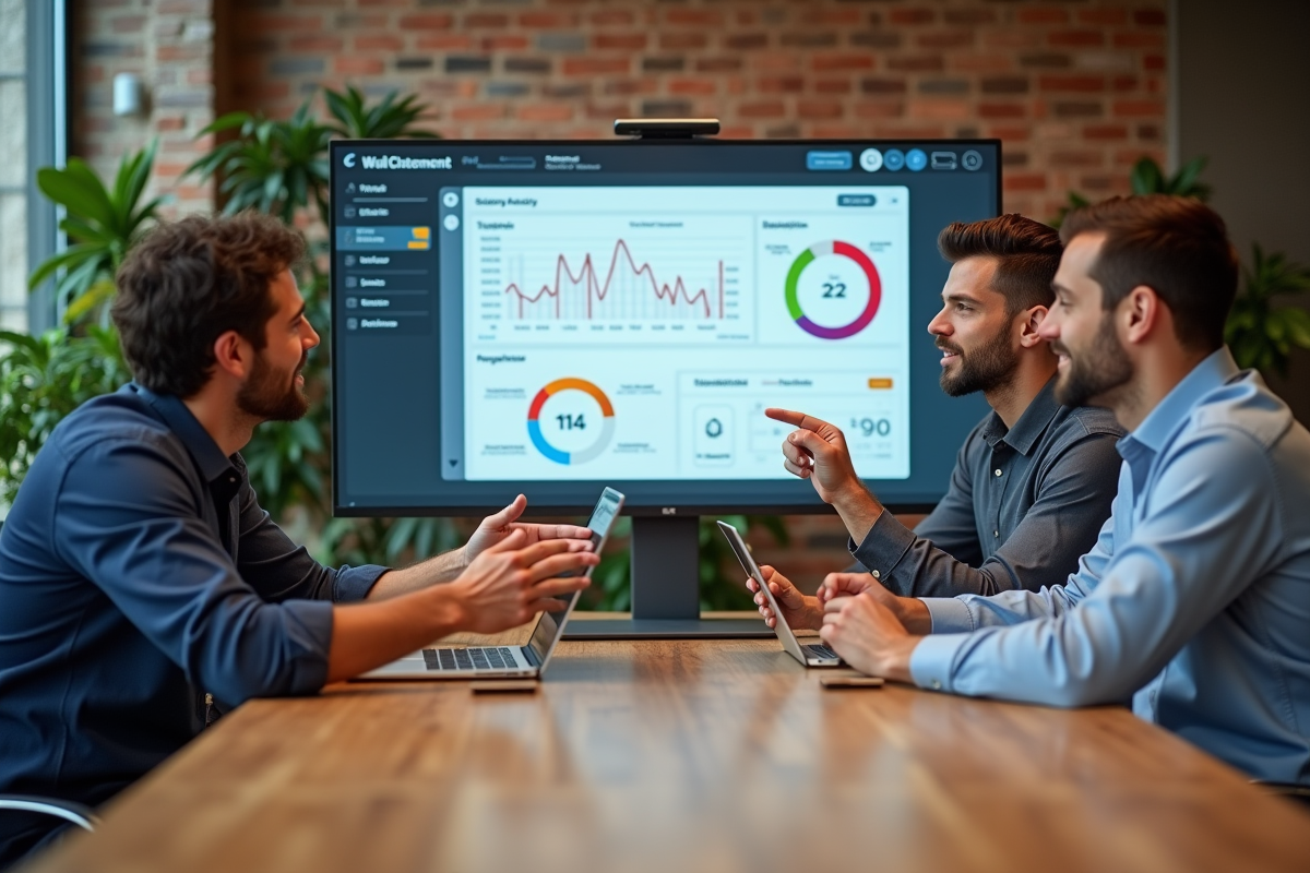 Groupe de collègues collaborant autour d un écran d analyse CRM