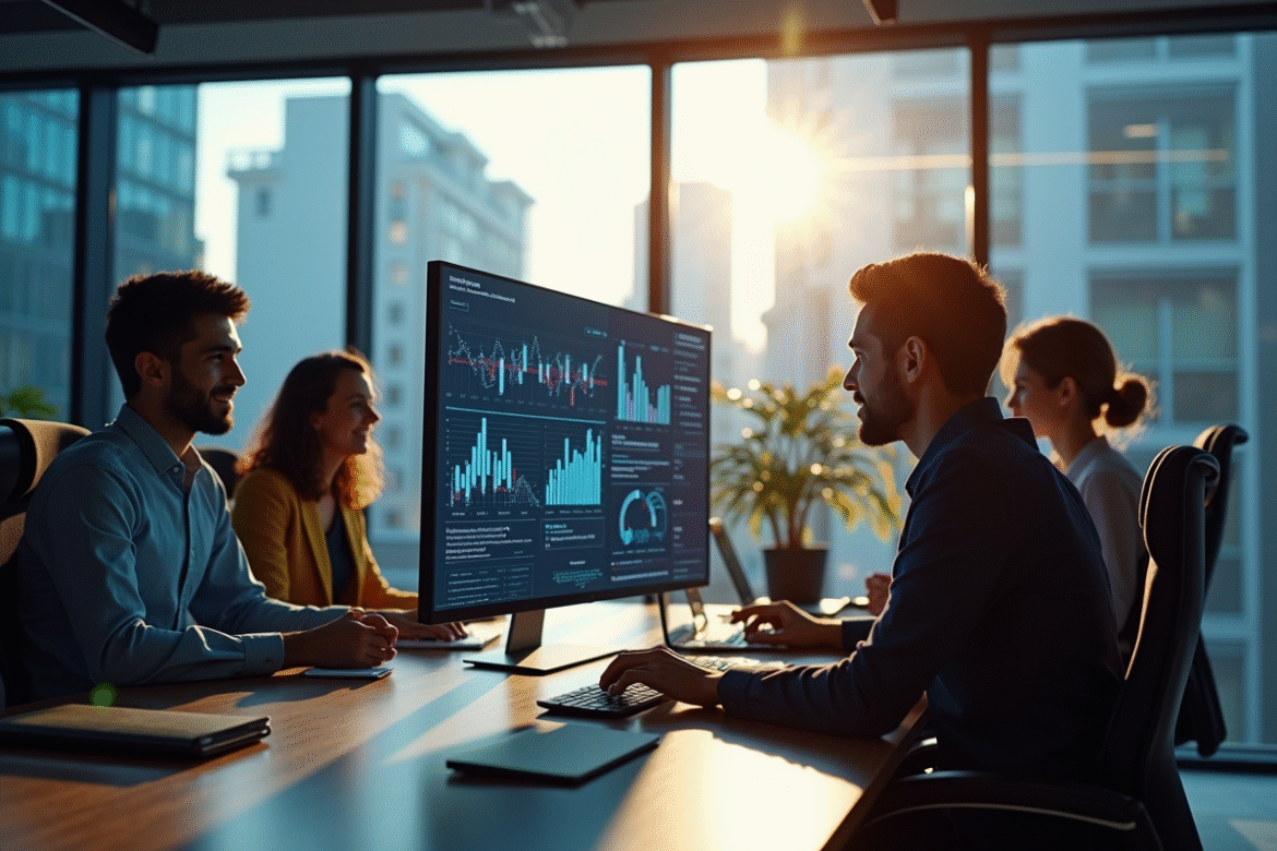 Equipe de professionnels en marketing futuriste dans un bureau moderne