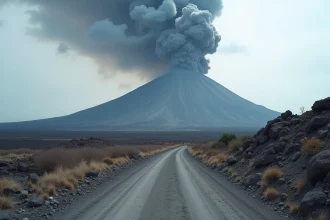 Éruption du volcan Etna avec colonne de cendres volcaniques s'élevant dans le ciel de Sicile, paysage couvert de cendres grises au sol