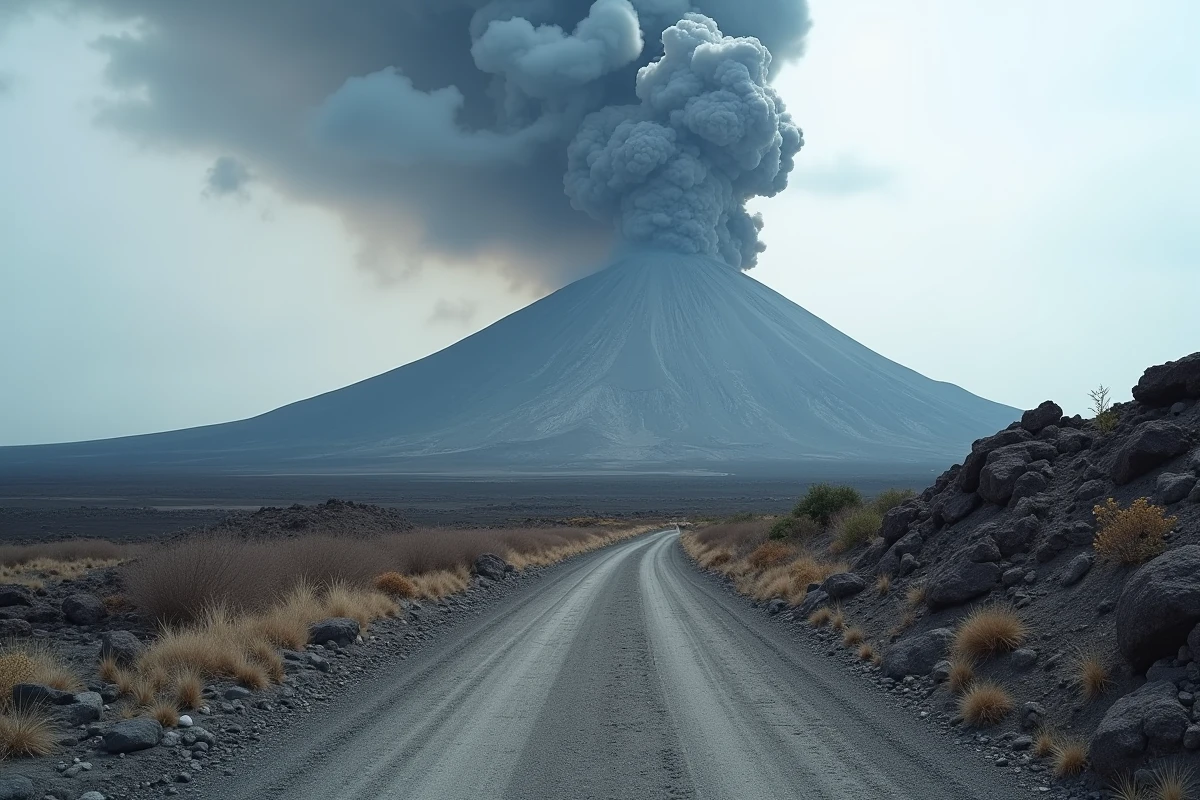 Éruption du volcan Etna avec colonne de cendres volcaniques s'élevant dans le ciel de Sicile, paysage couvert de cendres grises au sol