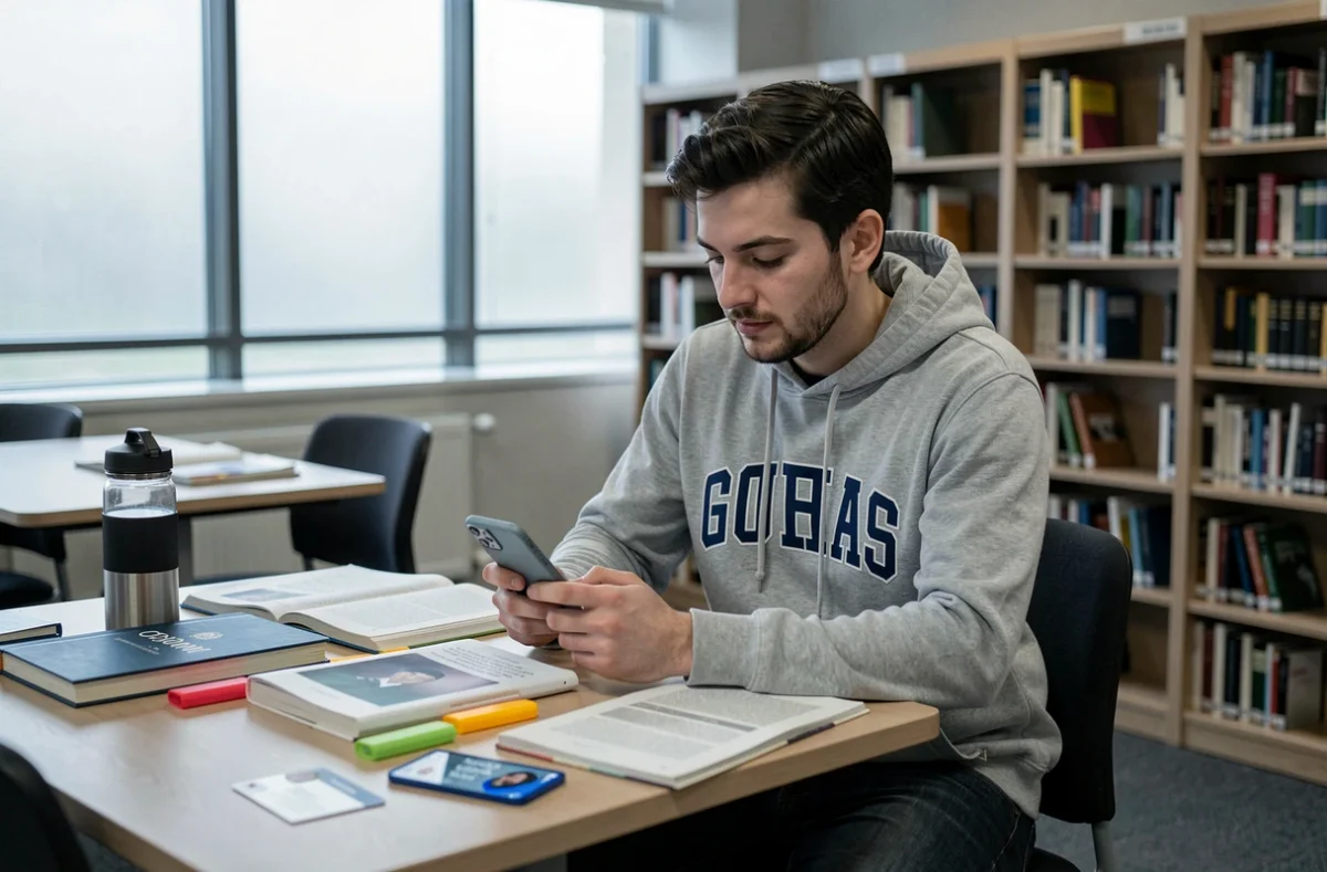 Étudiant consultant les horaires de prière sur son téléphone entre deux sessions de révision à la bibliothèque universitaire
