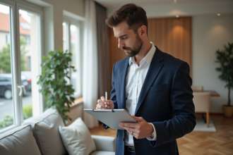 Expert immobilier en costume examine un salon moderne