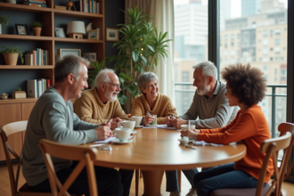 Famille multigenerational autour d'une table en appartement chaleureux