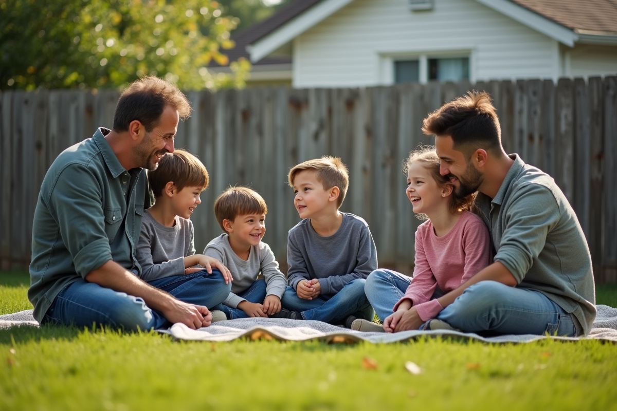 Famille réunie dans le jardin en plein air avec enfants et adultes