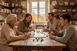 Famille multigénérationnelle jouant à un jeu de société autour d'une table en bois un week-end