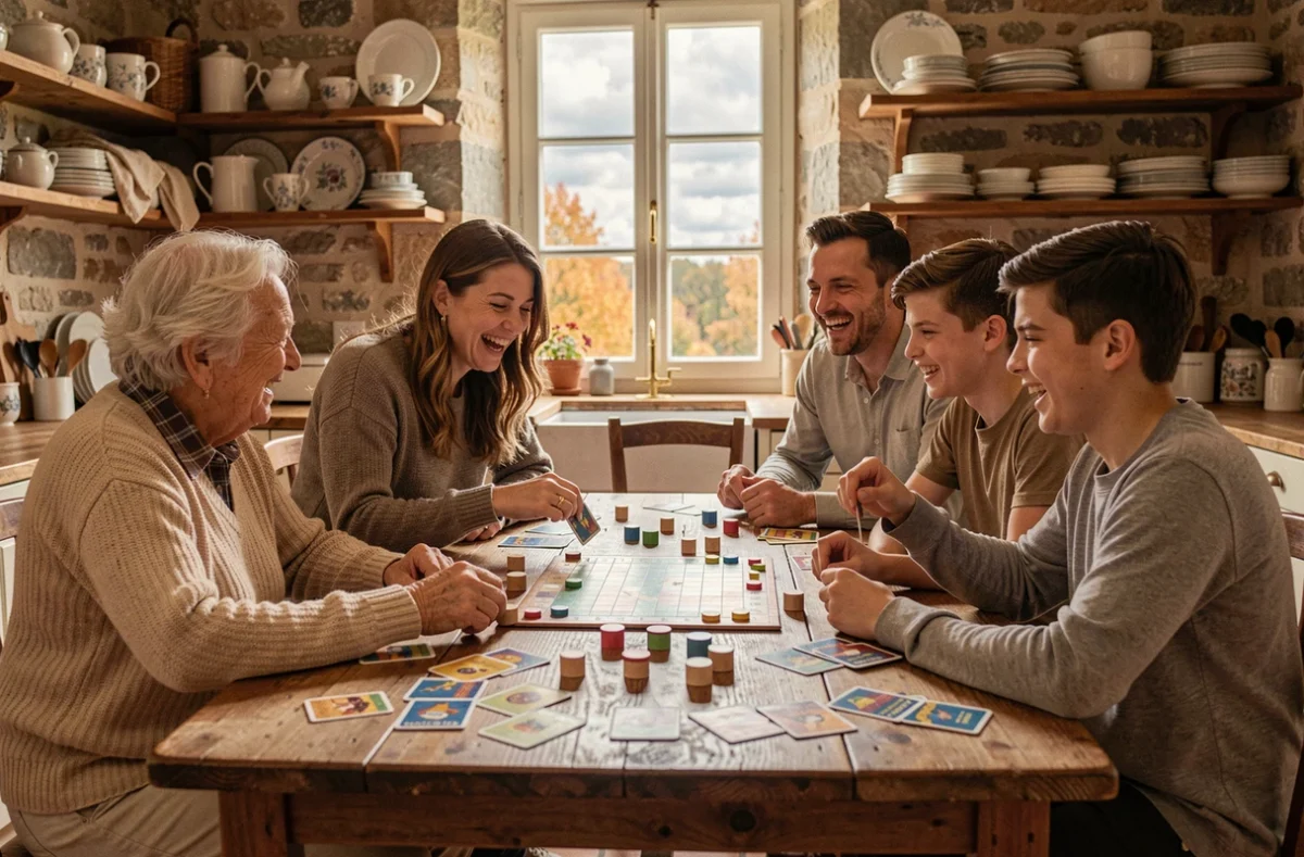 Famille multigénérationnelle jouant à un jeu de société autour d'une table en bois un week-end