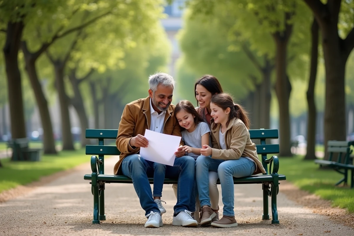 Famille multiculturelle discutant des droits à la nationalité française par filiation dans un parc parisien
