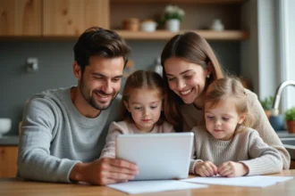 Famille de quatre discutant de documents santé à la maison