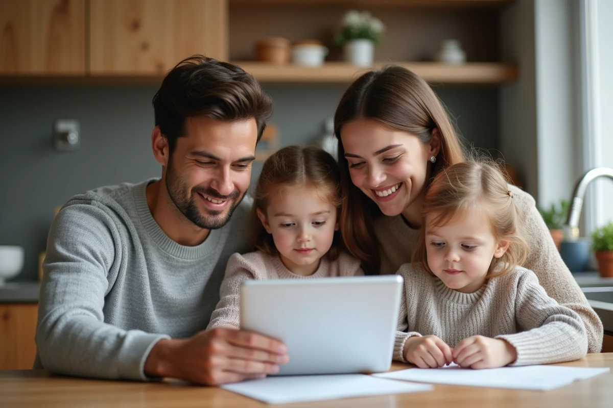 Famille de quatre discutant de documents santé à la maison