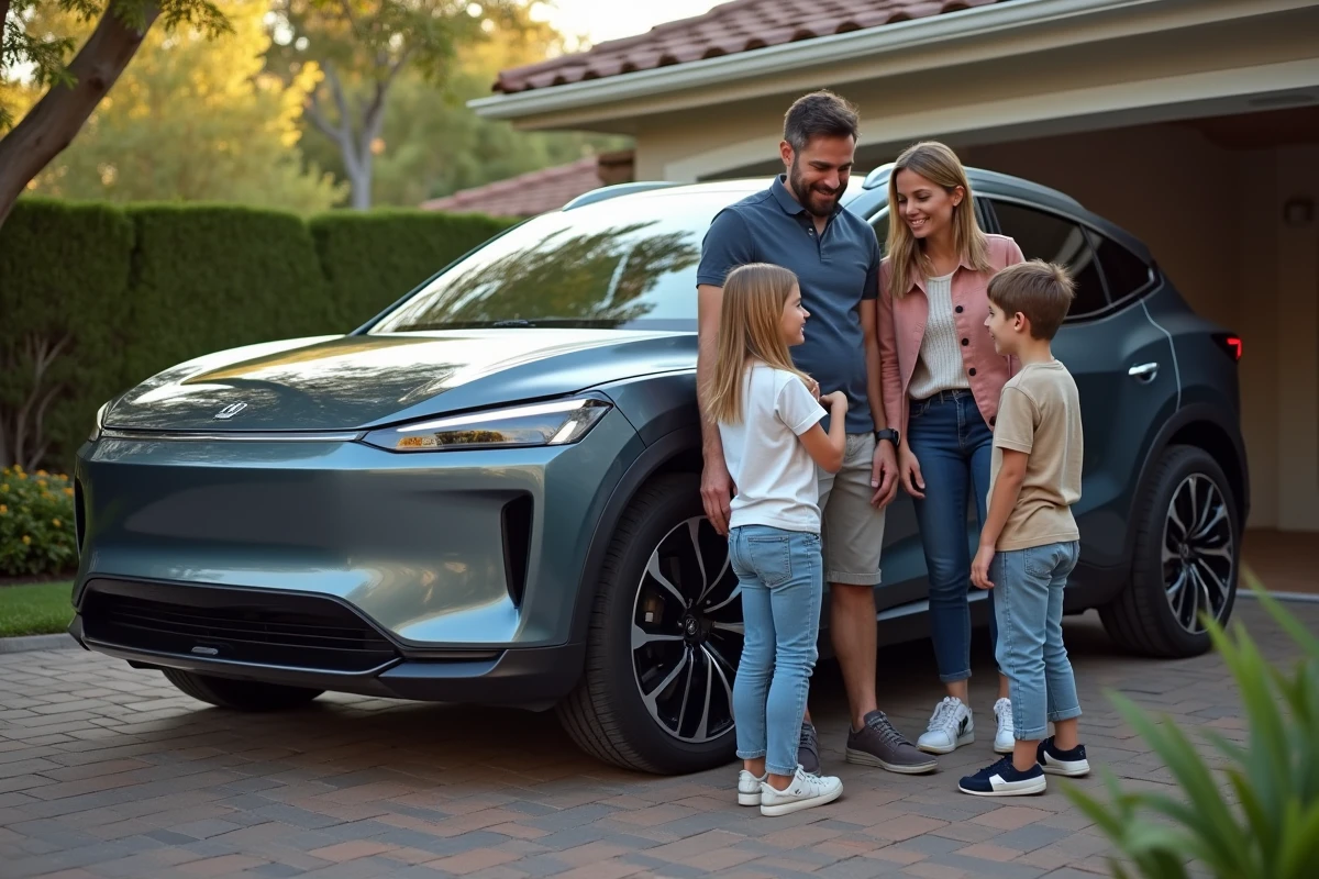 Famille discutant autour d’un SUV électrique dans le jardin