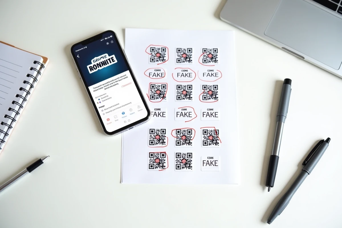 Vue aérienne d'une feuille de QR codes Brawl Stars annotée avec des faux codes entourés en rouge et un smartphone affichant un code officiel vérifié