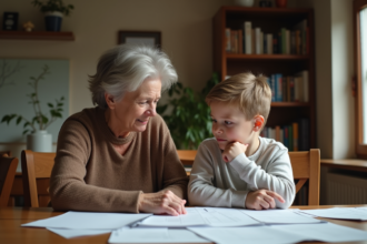 Femme et adolescent discutant à table dans une maison chaleureuse