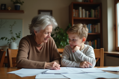 Femme et adolescent discutant à table dans une maison chaleureuse