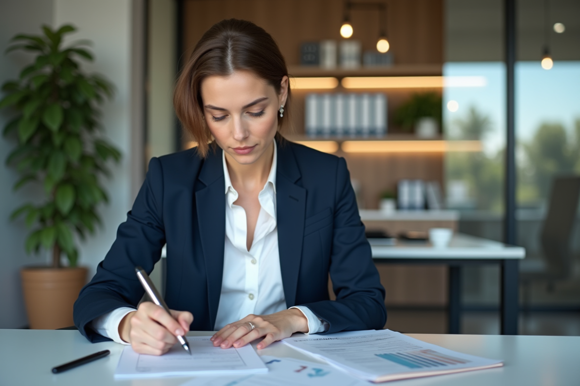 Femme d'affaires concentrée dans un bureau moderne