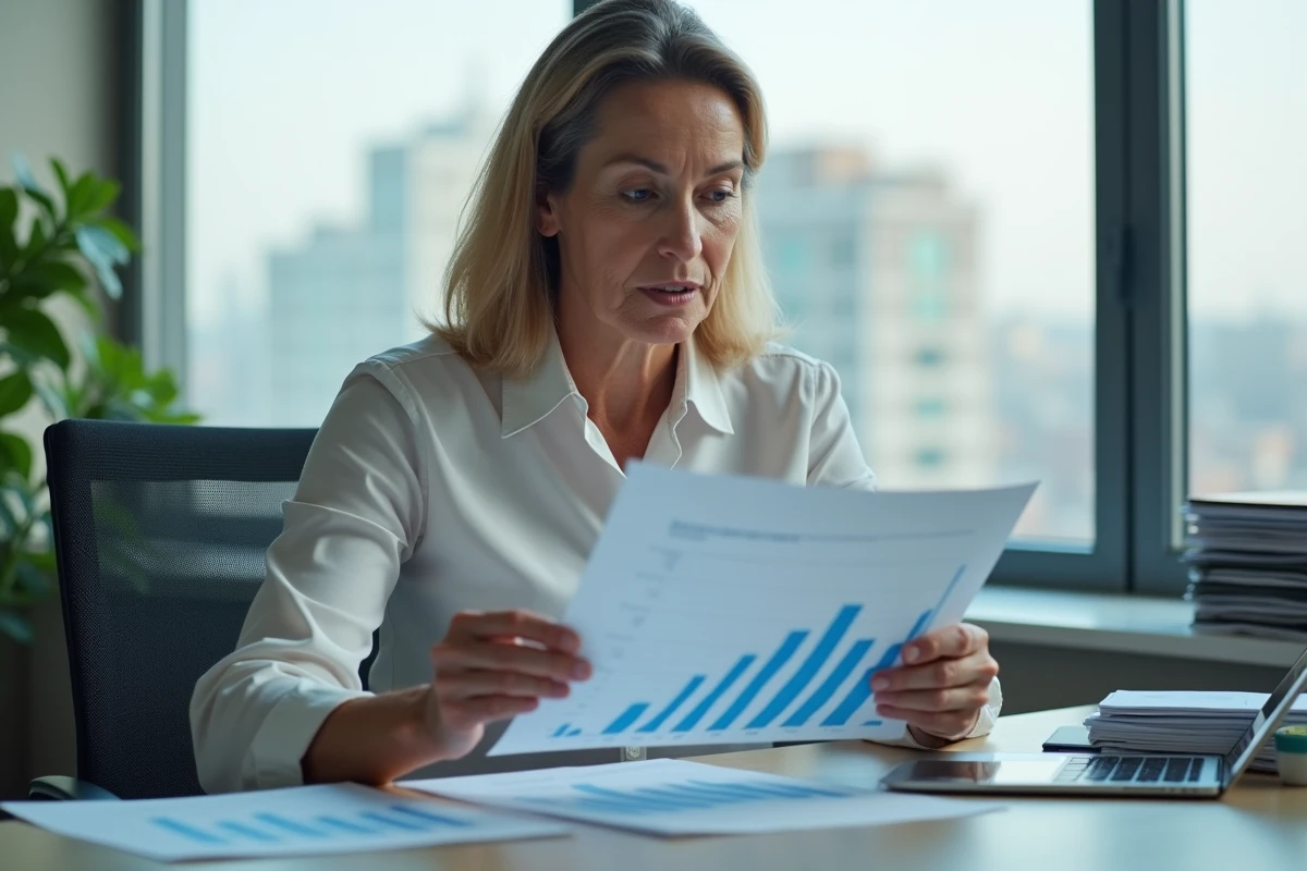 Femme d'âge moyen analysant un rapport avec graphiques au bureau