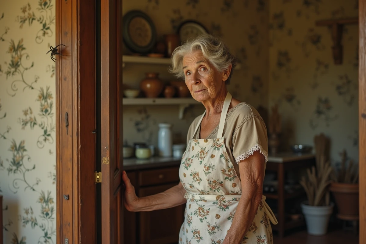 Femme âgée observant une araignée dans le coin d'un encadrement de porte d'une maison rurale française selon la tradition populaire