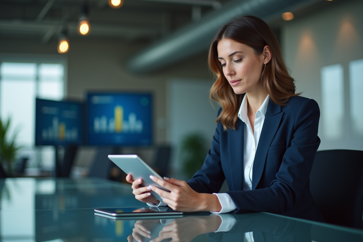 Jeune femme professionnelle utilisant une tablette bancaire