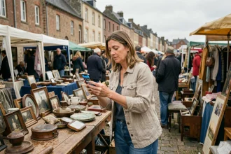 Femme consultant l'application Sabradou 59 nord sur son smartphone lors d'une braderie en plein air dans le Nord de la France