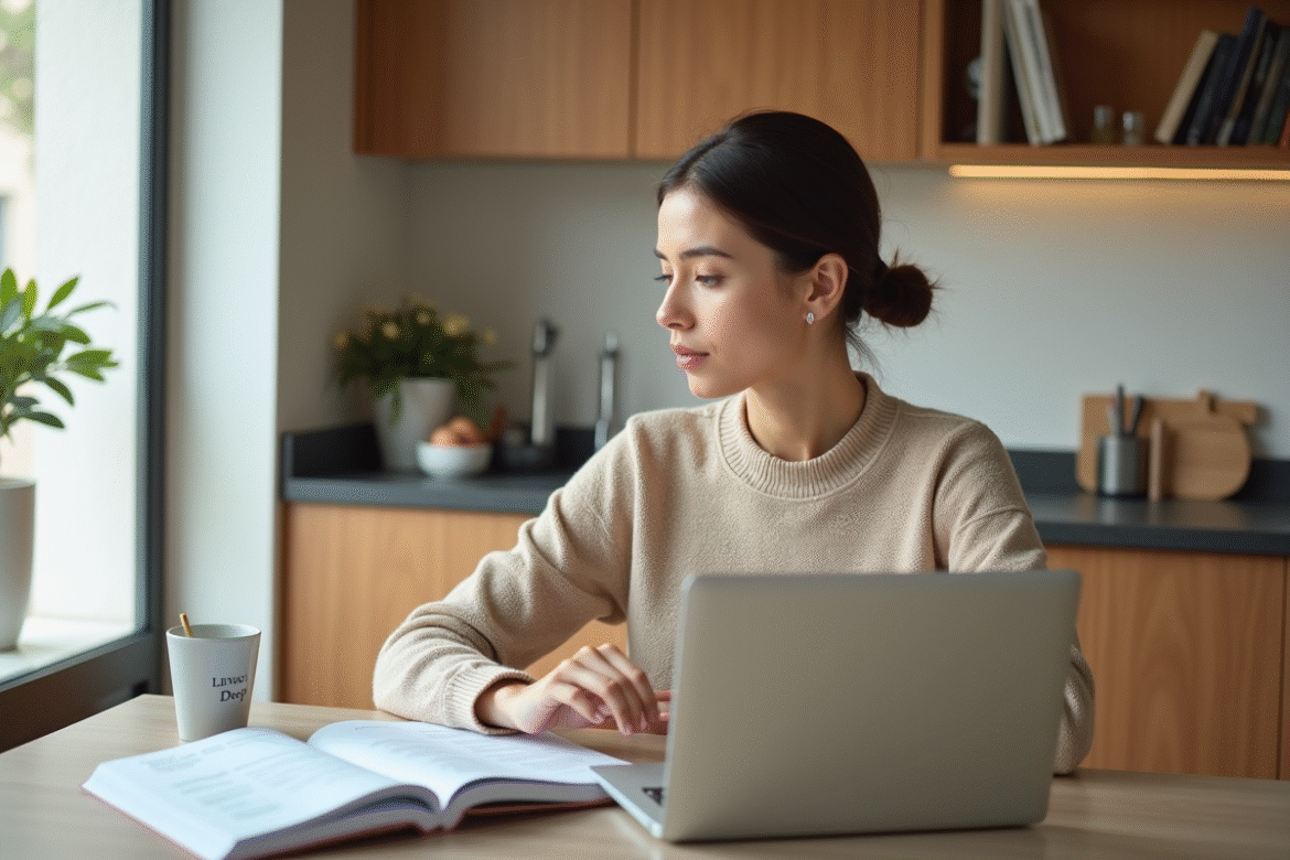 Femme assise à une table de cuisine avec un livret Deep