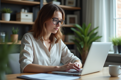Femme au bureau travaillant sur un ordinateur portable avec Excel