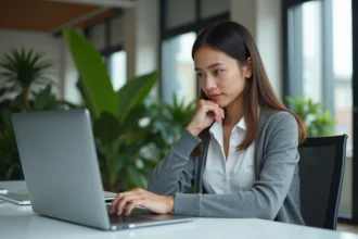 Jeune femme au bureau compare deux laptops avec logiciel de traduction