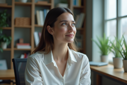 Femme en bureau moderne regardant par la fenetre