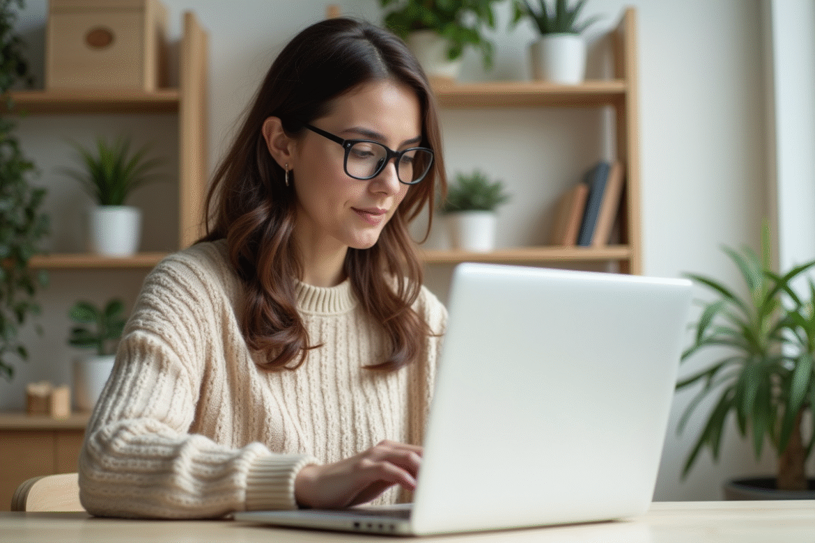 Femme travaillant sur son ordinateur dans un espace calme