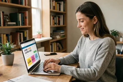 Femme utilisant un code promo Pixmania sur son ordinateur portable dans un bureau à domicile moderne
