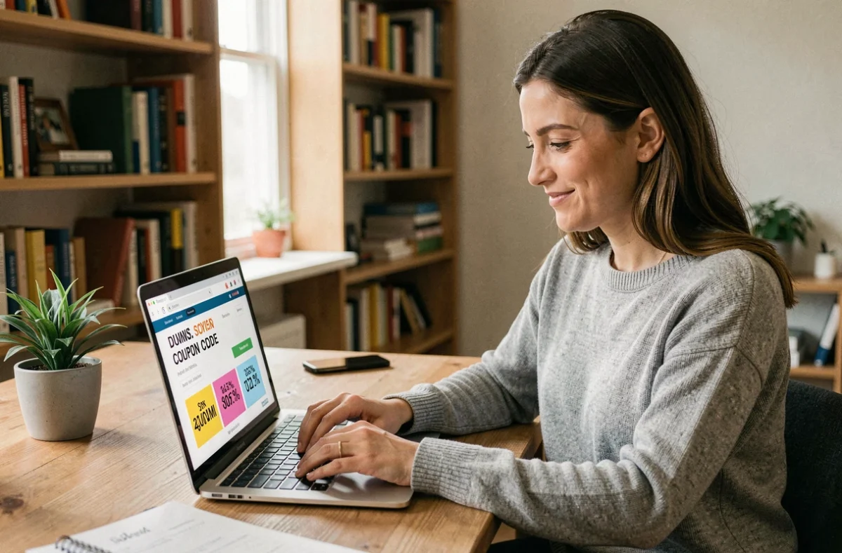 Femme utilisant un code promo Pixmania sur son ordinateur portable dans un bureau à domicile moderne