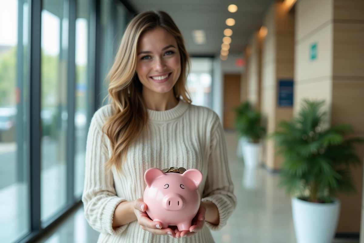 Femme souriante tenant une tirelire dans un bureau lumineux